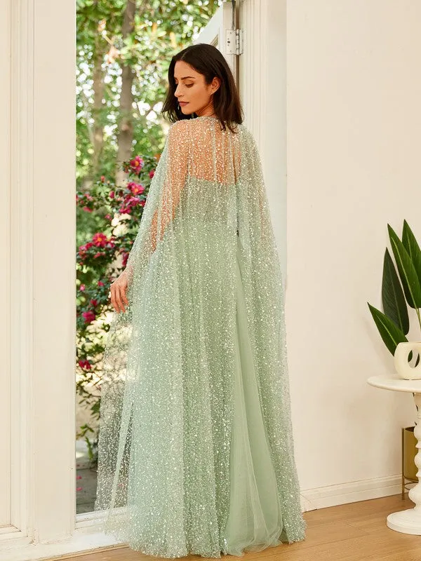 A-Line/Princess Tulle Ruched Straps Long Sleeves Floor-Length Dresses