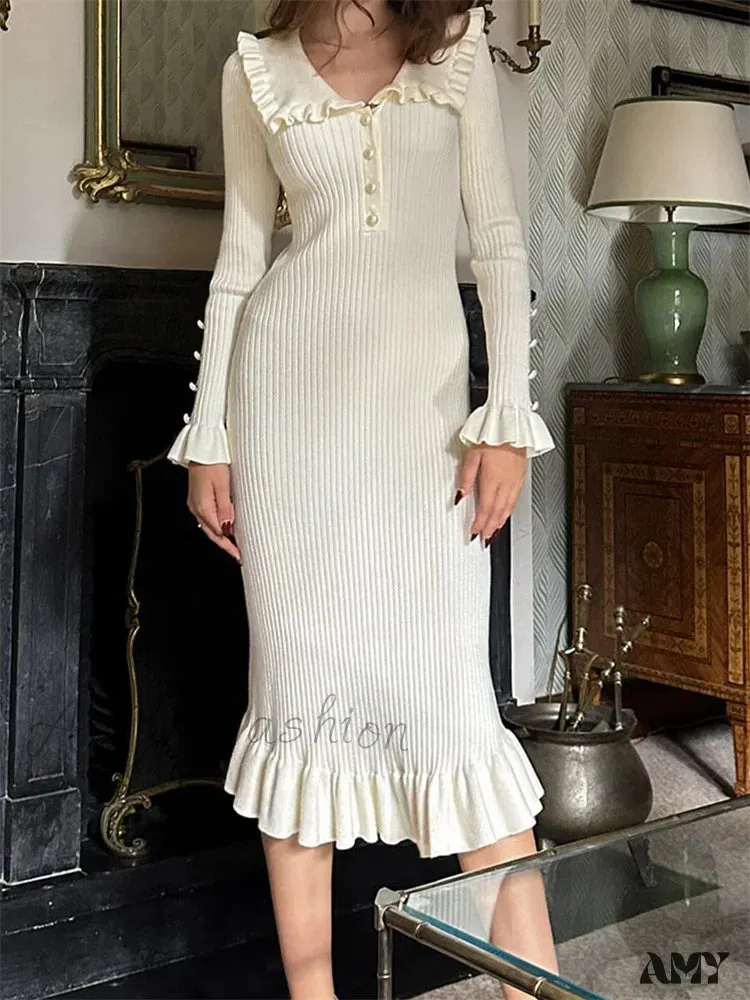 Amy Fashion - Elegant Women Knitted  Sleeve Casual Solid Color Ruffles Hem Party for Beach Cocktail Club Streetwear
