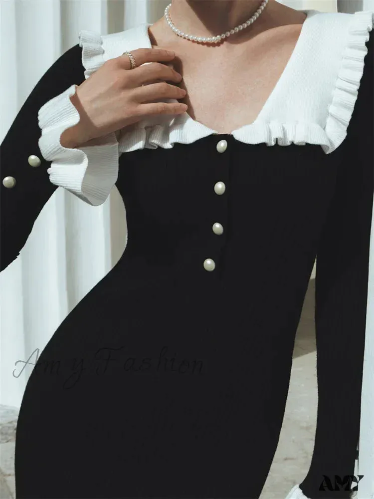 Amy Fashion - Elegant Women Knitted  Sleeve Casual Solid Color Ruffles Hem Party for Beach Cocktail Club Streetwear