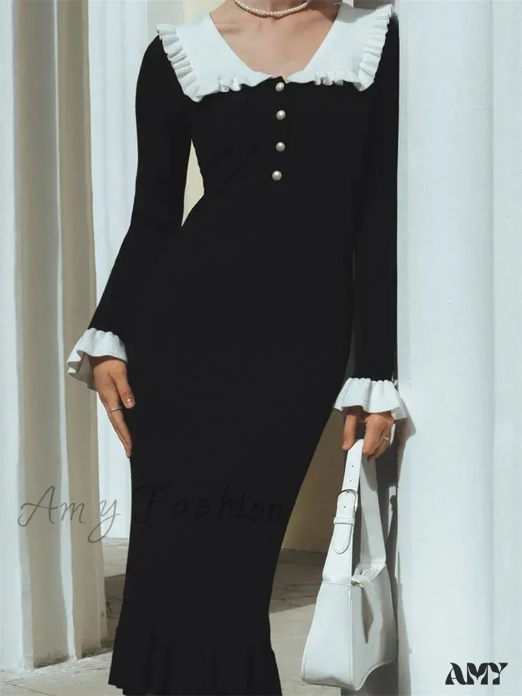 Amy Fashion - Elegant Women Knitted  Sleeve Casual Solid Color Ruffles Hem Party for Beach Cocktail Club Streetwear