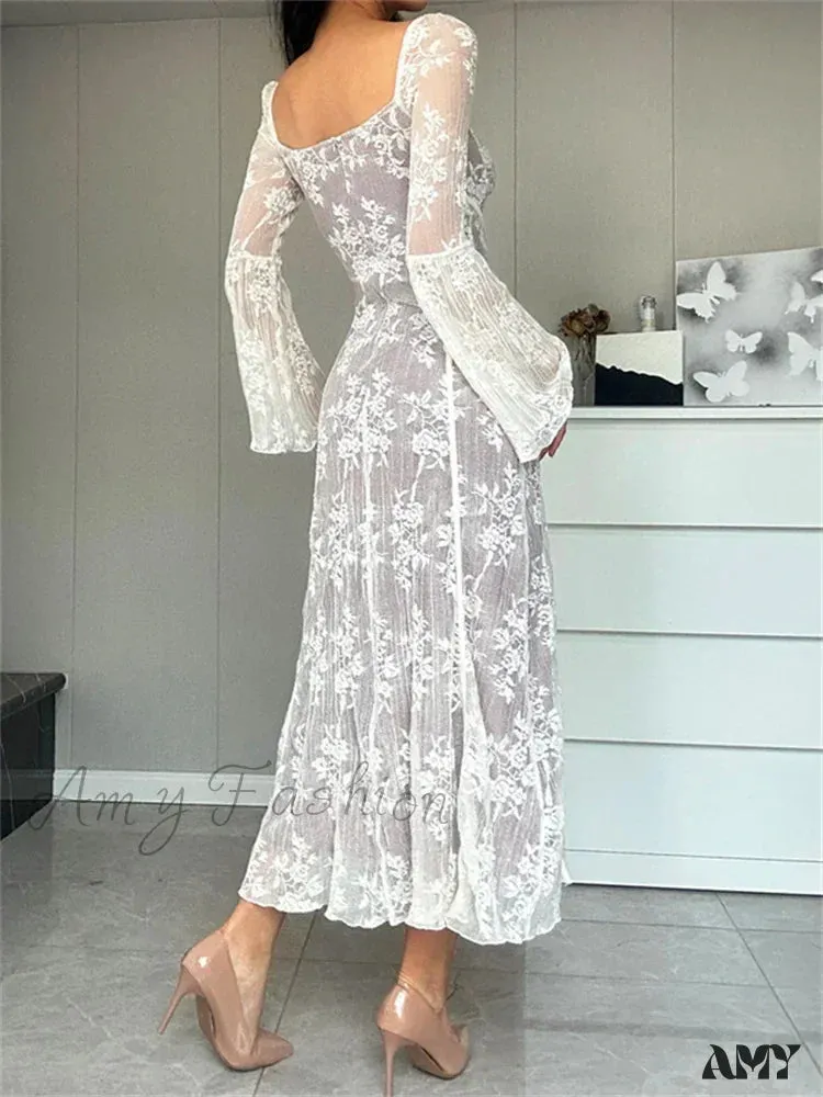 Amy Fashion - Women Lace Flower  Flare Sleeve Square Neck Tie-up  Spring Fall Solid Party Female Vestidos