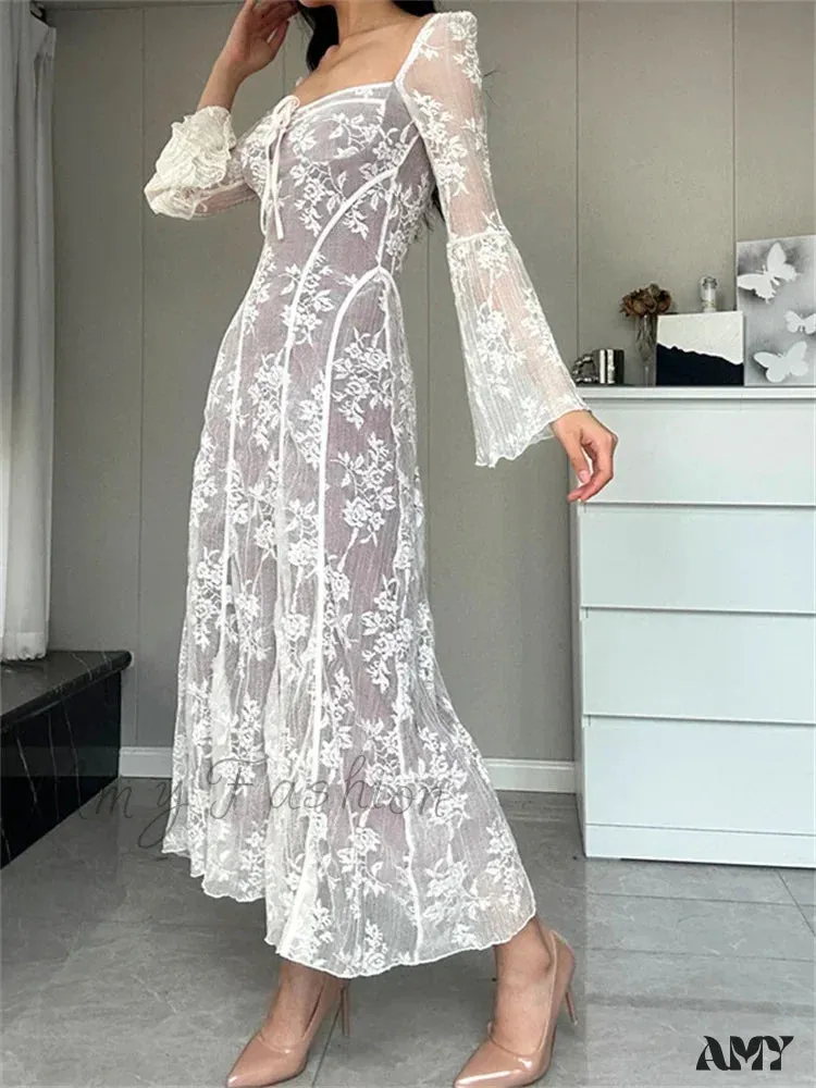Amy Fashion - Women Lace Flower  Flare Sleeve Square Neck Tie-up  Spring Fall Solid Party Female Vestidos