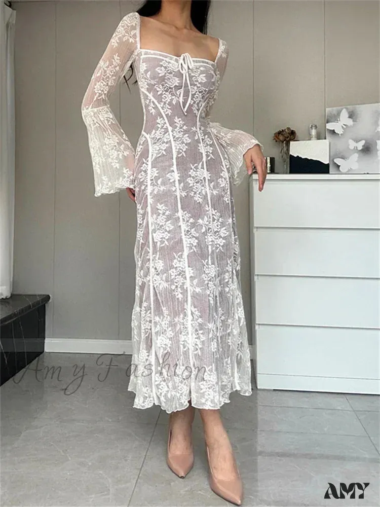 Amy Fashion - Women Lace Flower  Flare Sleeve Square Neck Tie-up  Spring Fall Solid Party Female Vestidos