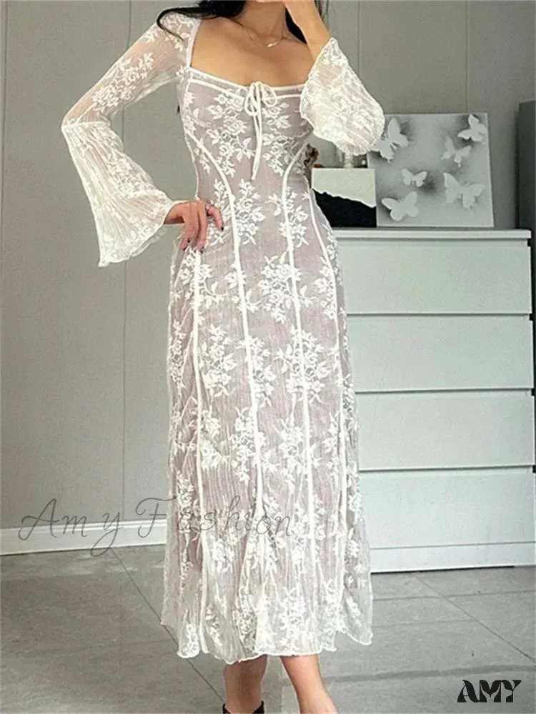 Amy Fashion - Women Lace Flower  Flare Sleeve Square Neck Tie-up  Spring Fall Solid Party Female Vestidos