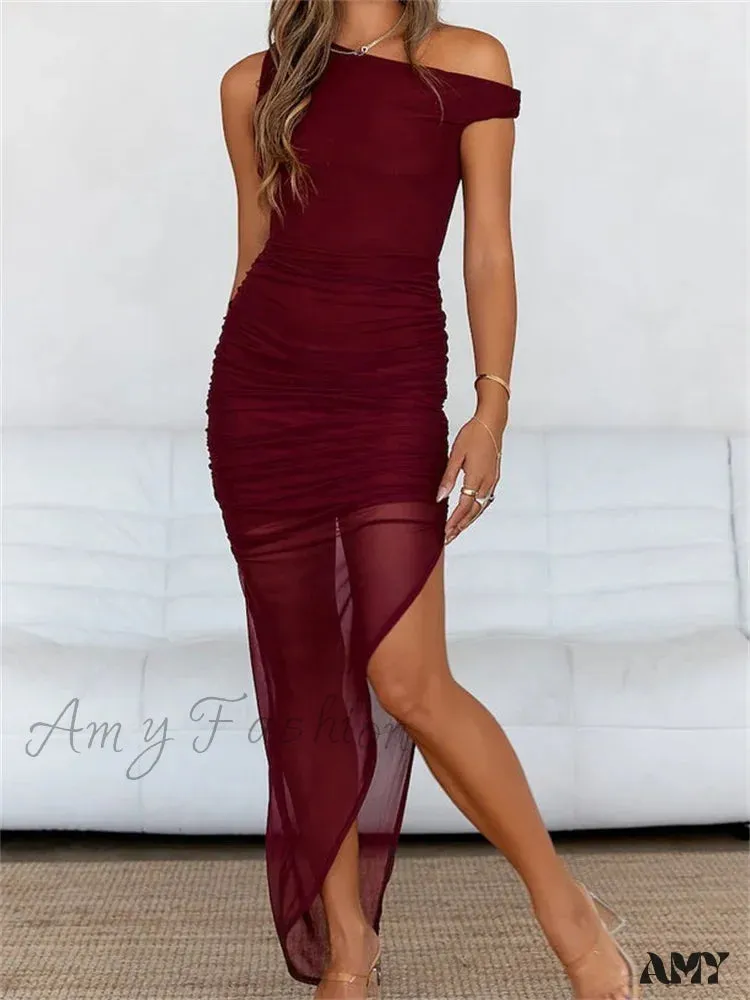 Amy Fashion - Women Mesh Off Shoulder  Solid Color Asymmetrical Hem Sleeveless Ruched Bodycon Party Female Vestidos