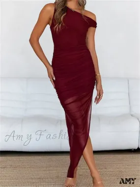 Amy Fashion - Women Mesh Off Shoulder  Solid Color Asymmetrical Hem Sleeveless Ruched Bodycon Party Female Vestidos