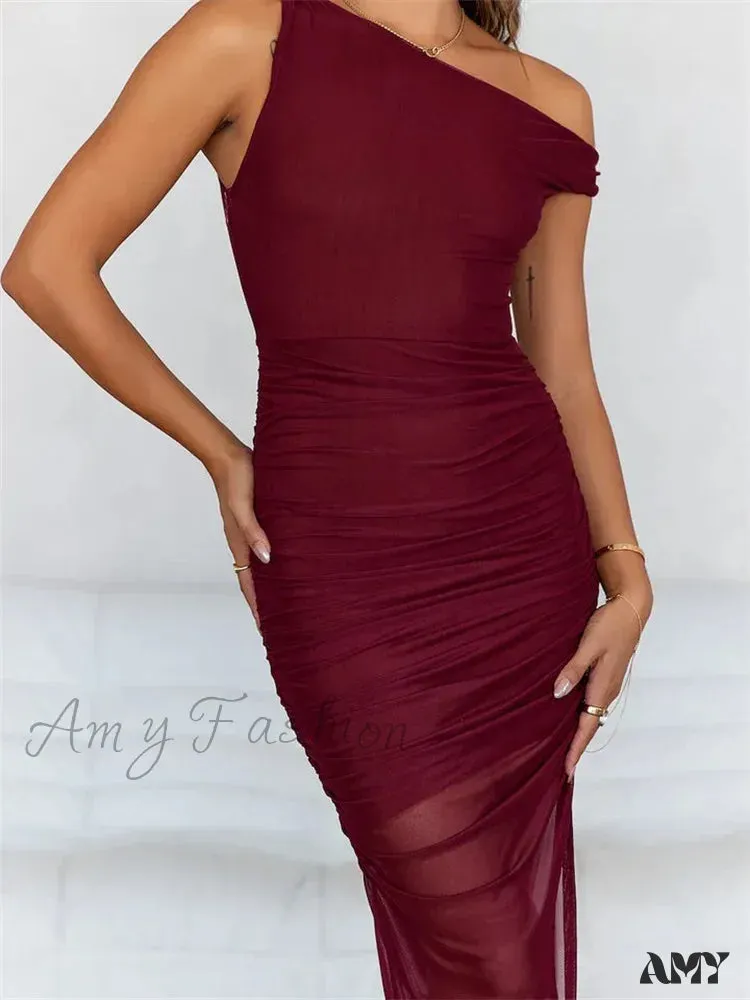 Amy Fashion - Women Mesh Off Shoulder  Solid Color Asymmetrical Hem Sleeveless Ruched Bodycon Party Female Vestidos