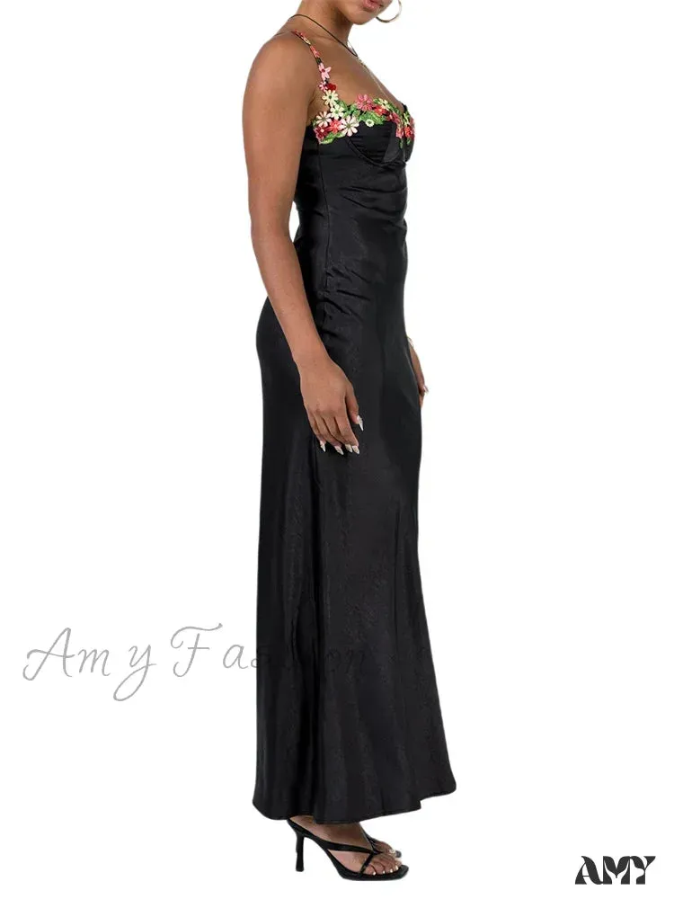 Amy Fashion - Women Sling Bodycon  Flower Embroidery Sleeveless Spaghetti Strap Cocktail Summer Party Club Vestidos