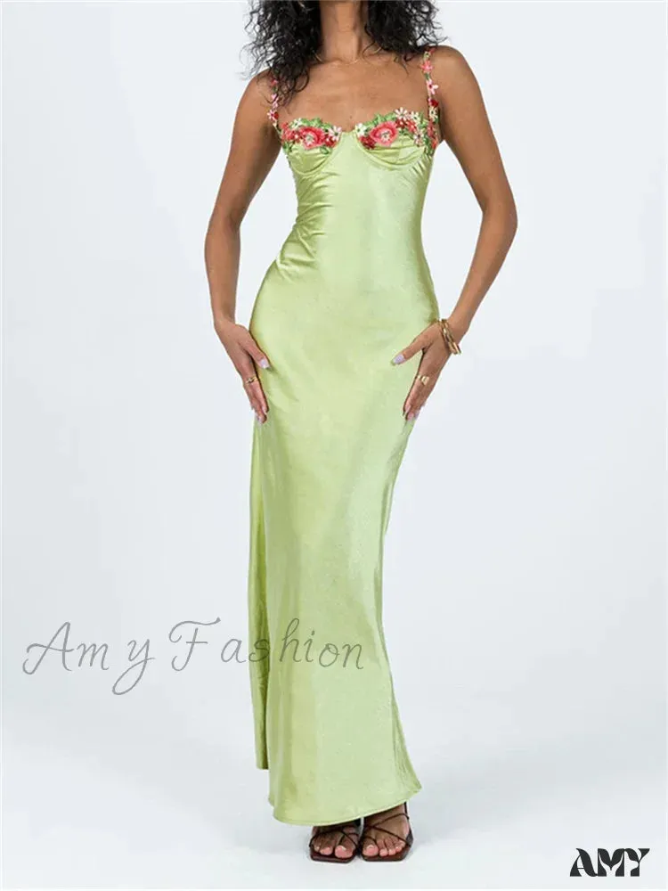 Amy Fashion - Women Sling Bodycon  Flower Embroidery Sleeveless Spaghetti Strap Cocktail Summer Party Club Vestidos