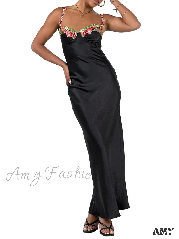 Amy Fashion - Women Sling Bodycon  Flower Embroidery Sleeveless Spaghetti Strap Cocktail Summer Party Club Vestidos