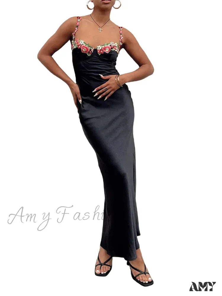 Amy Fashion - Women Sling Bodycon  Flower Embroidery Sleeveless Spaghetti Strap Cocktail Summer Party Club Vestidos