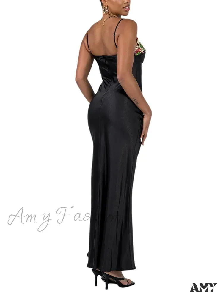 Amy Fashion - Women Sling Bodycon  Flower Embroidery Sleeveless Spaghetti Strap Cocktail Summer Party Club Vestidos