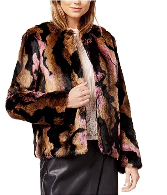 Bar III Faux-Fur Coat Brown Pink Faux Fur L