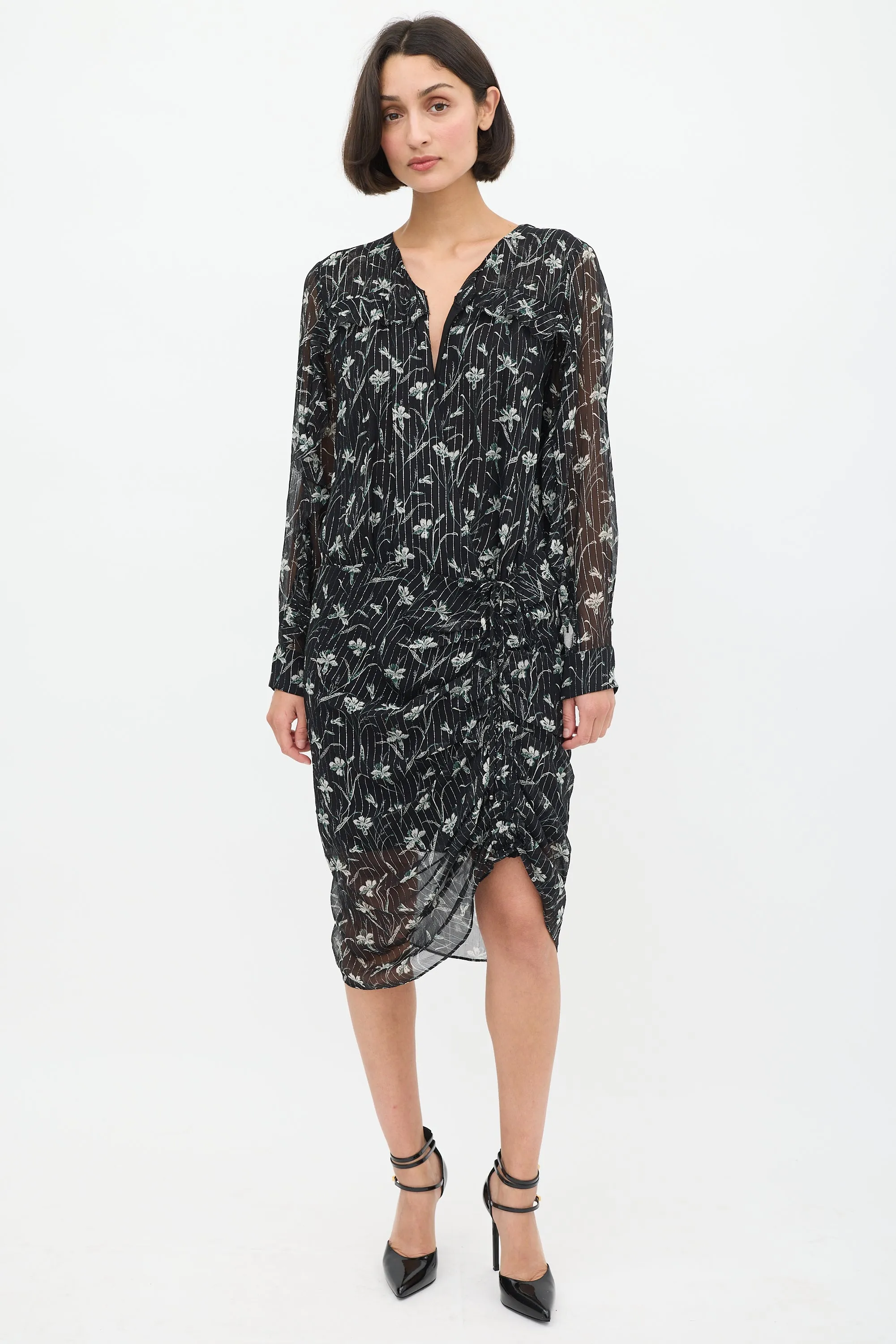 Black & Multicolour Silk Floral Ruched Dress