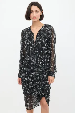 Black & Multicolour Silk Floral Ruched Dress