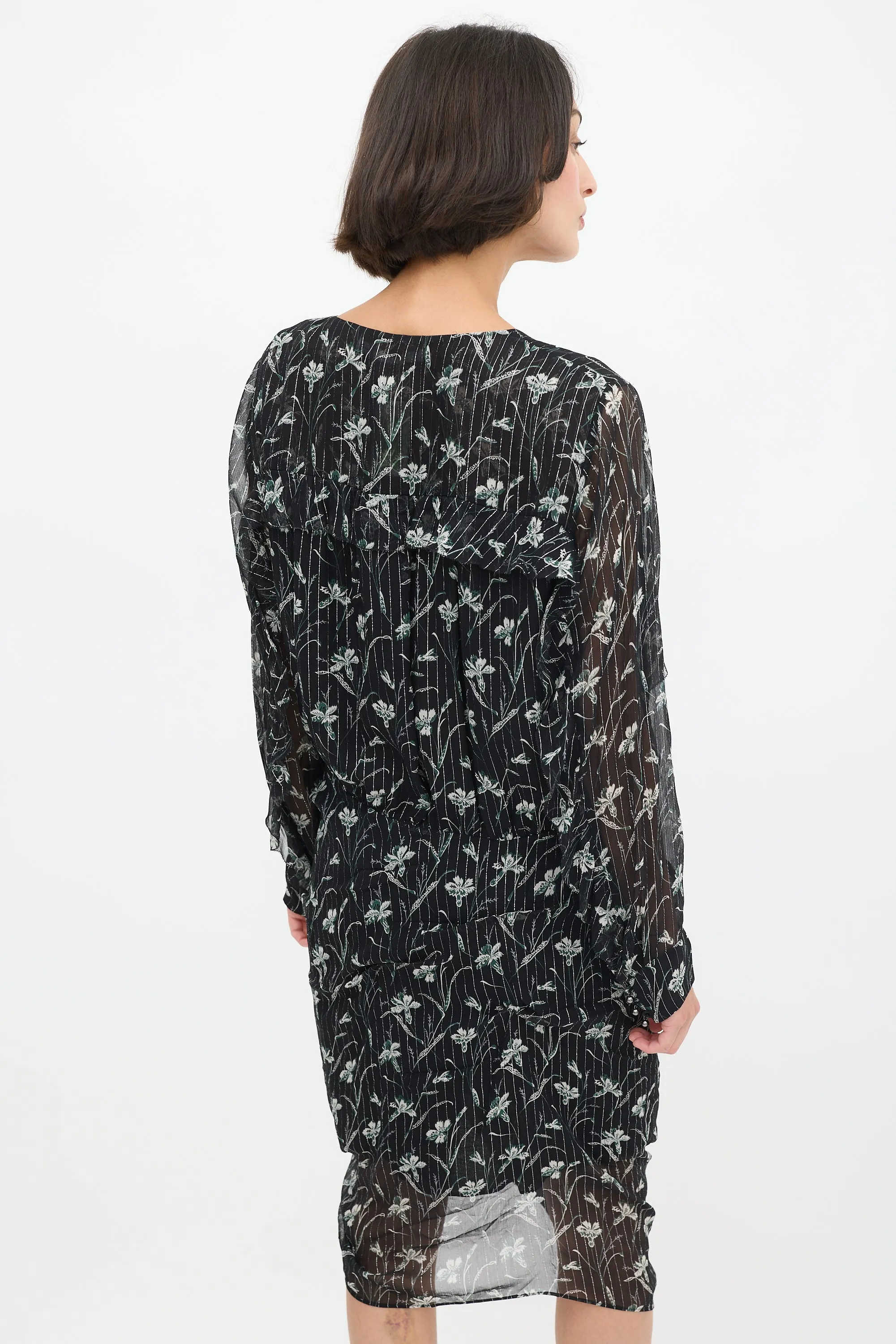 Black & Multicolour Silk Floral Ruched Dress