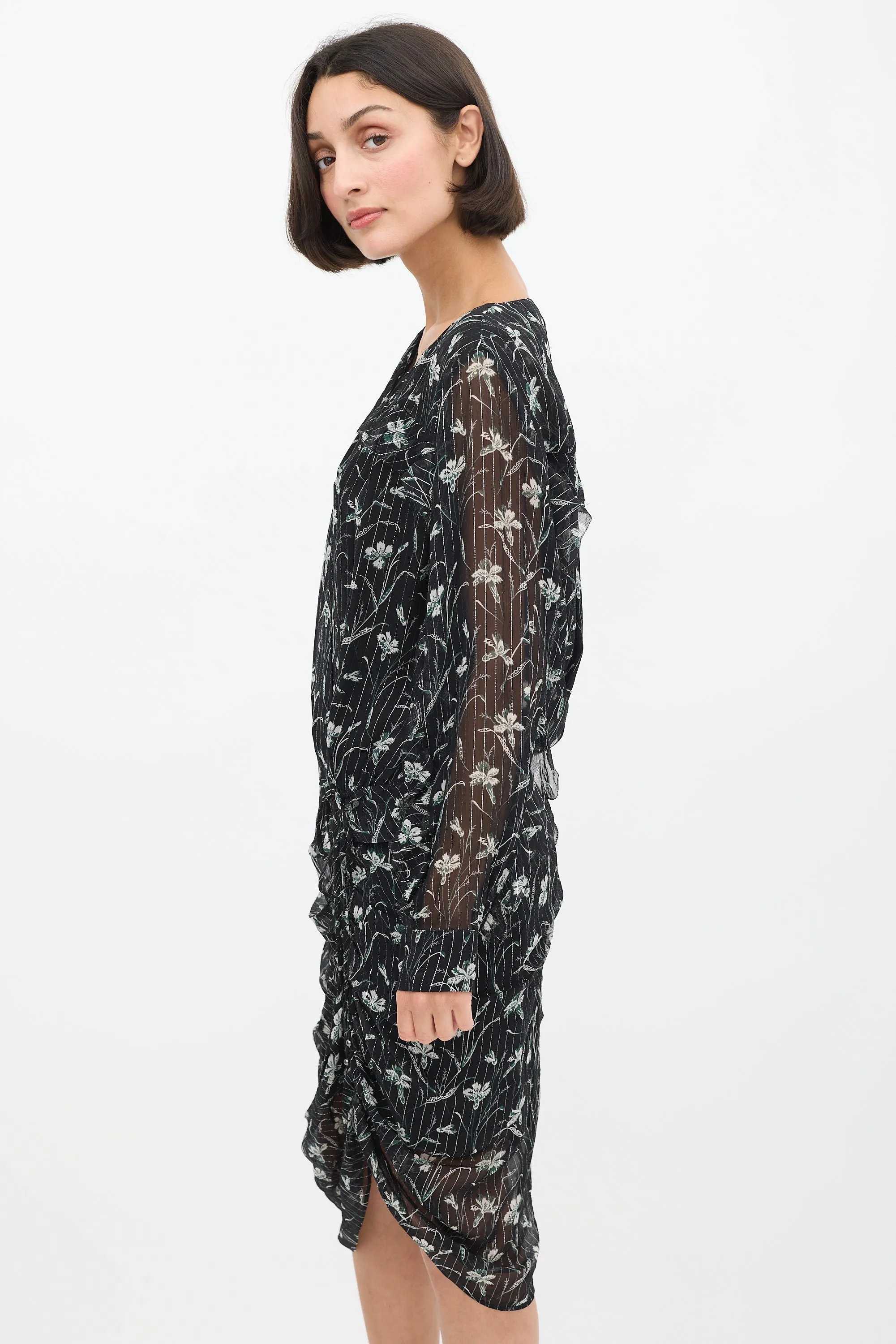 Black & Multicolour Silk Floral Ruched Dress