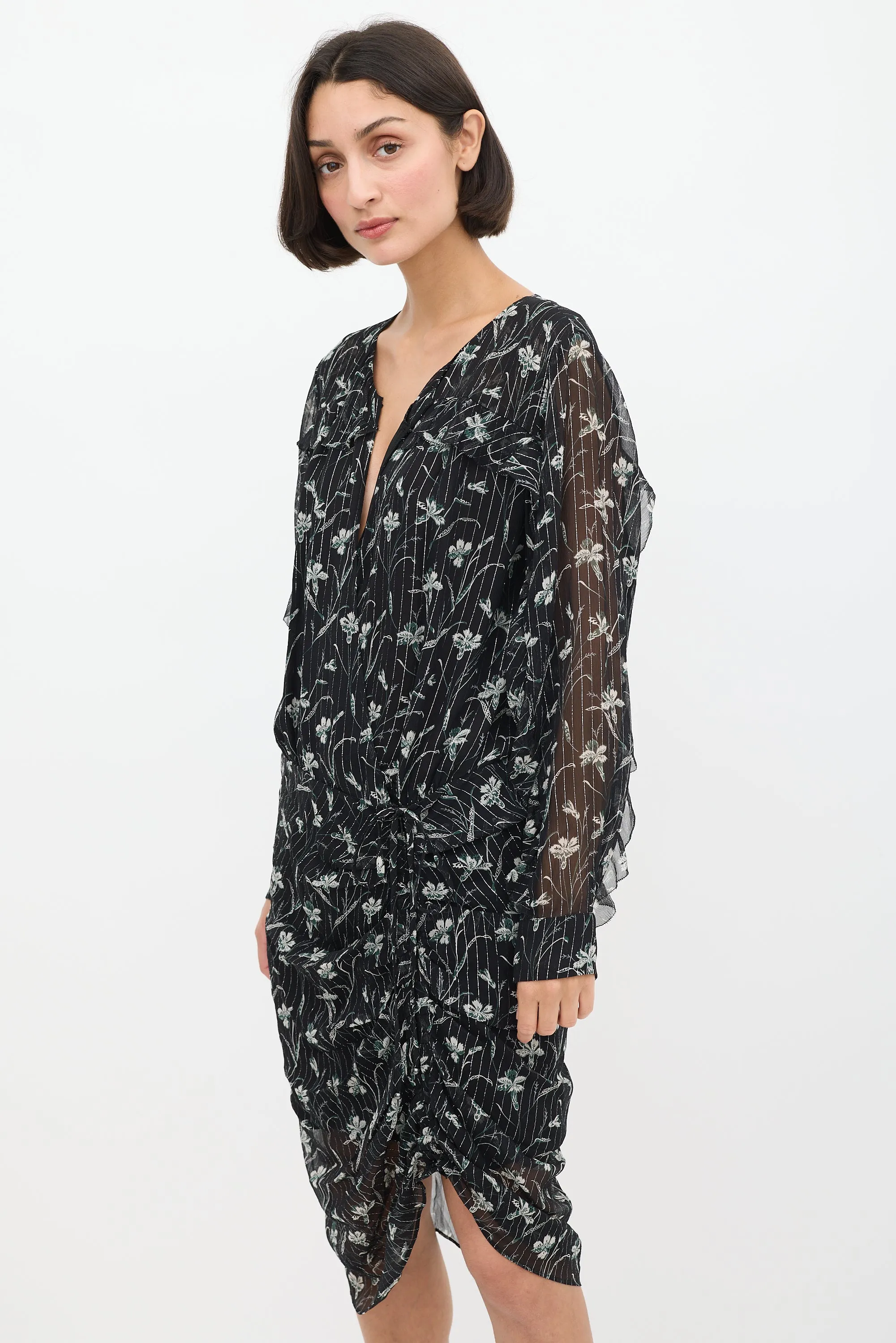 Black & Multicolour Silk Floral Ruched Dress