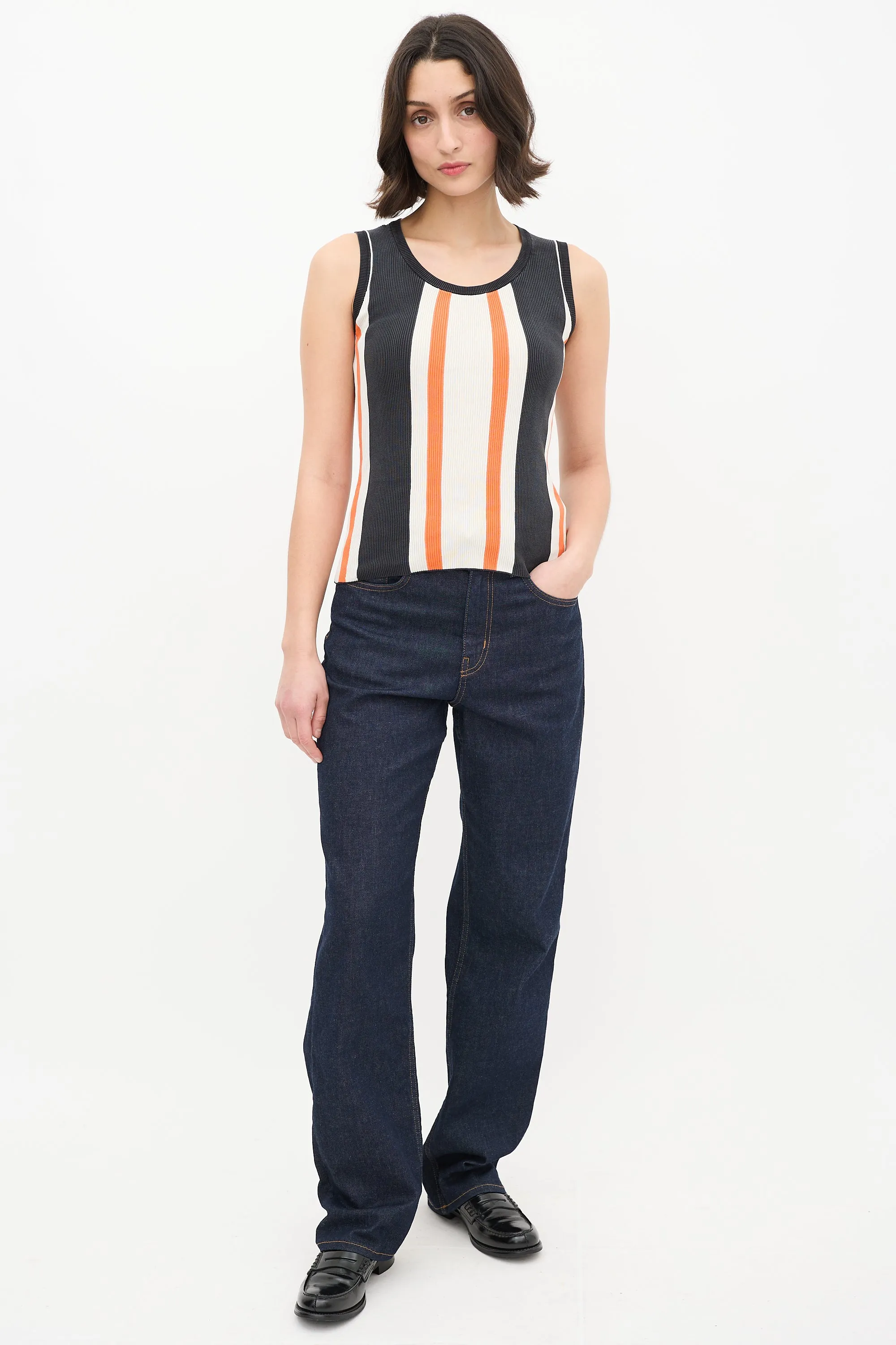 Black & Multicolour Striped Tank Top