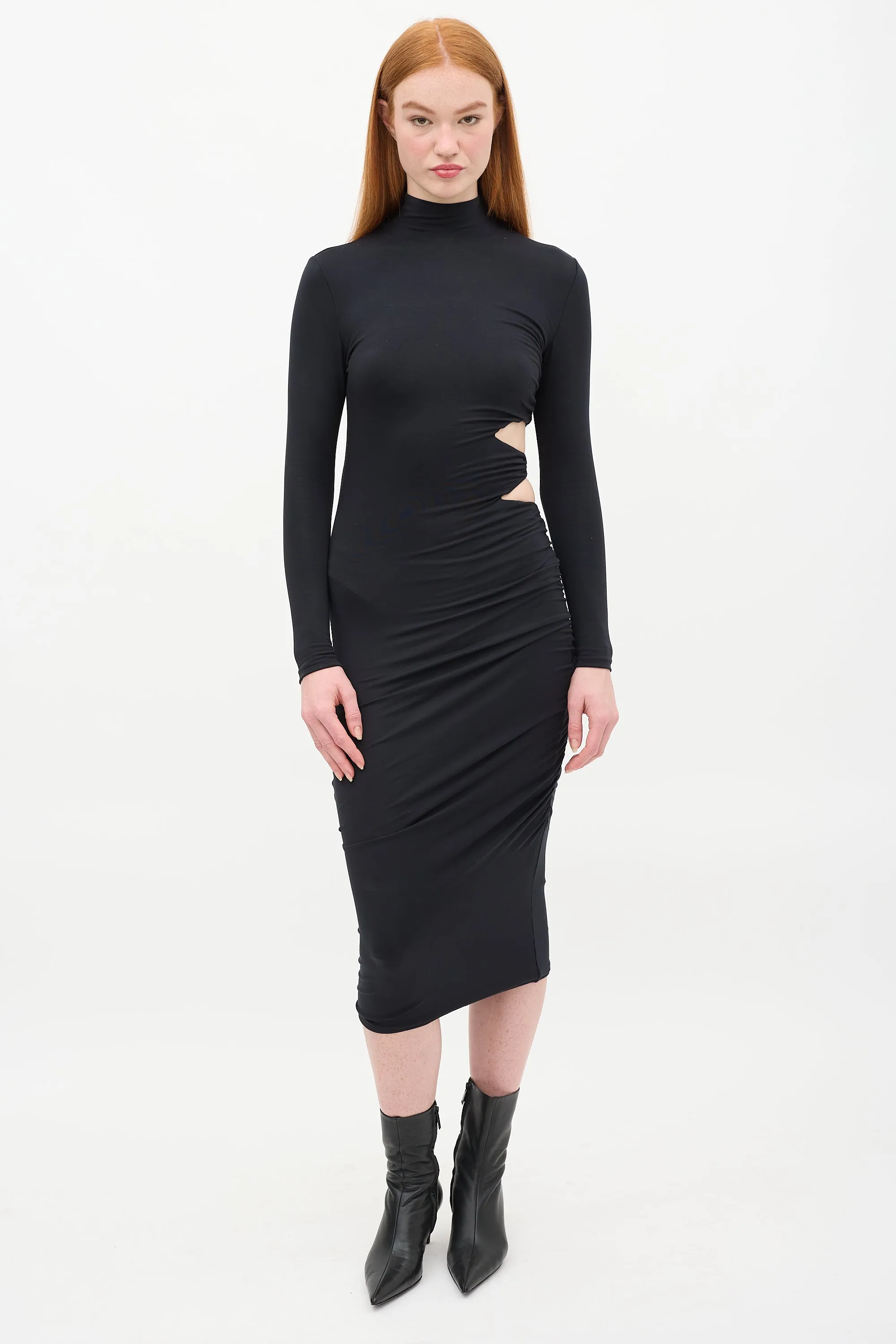 Black Cut Out Ruched Side Midi  Dress