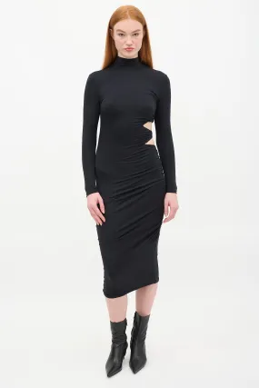 Black Cut Out Ruched Side Midi  Dress