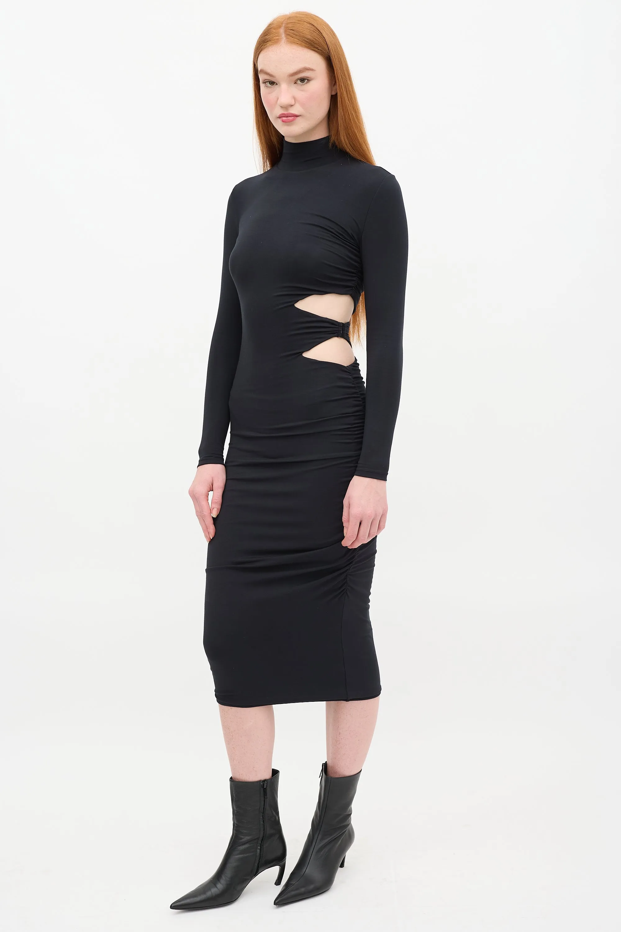 Black Cut Out Ruched Side Midi  Dress
