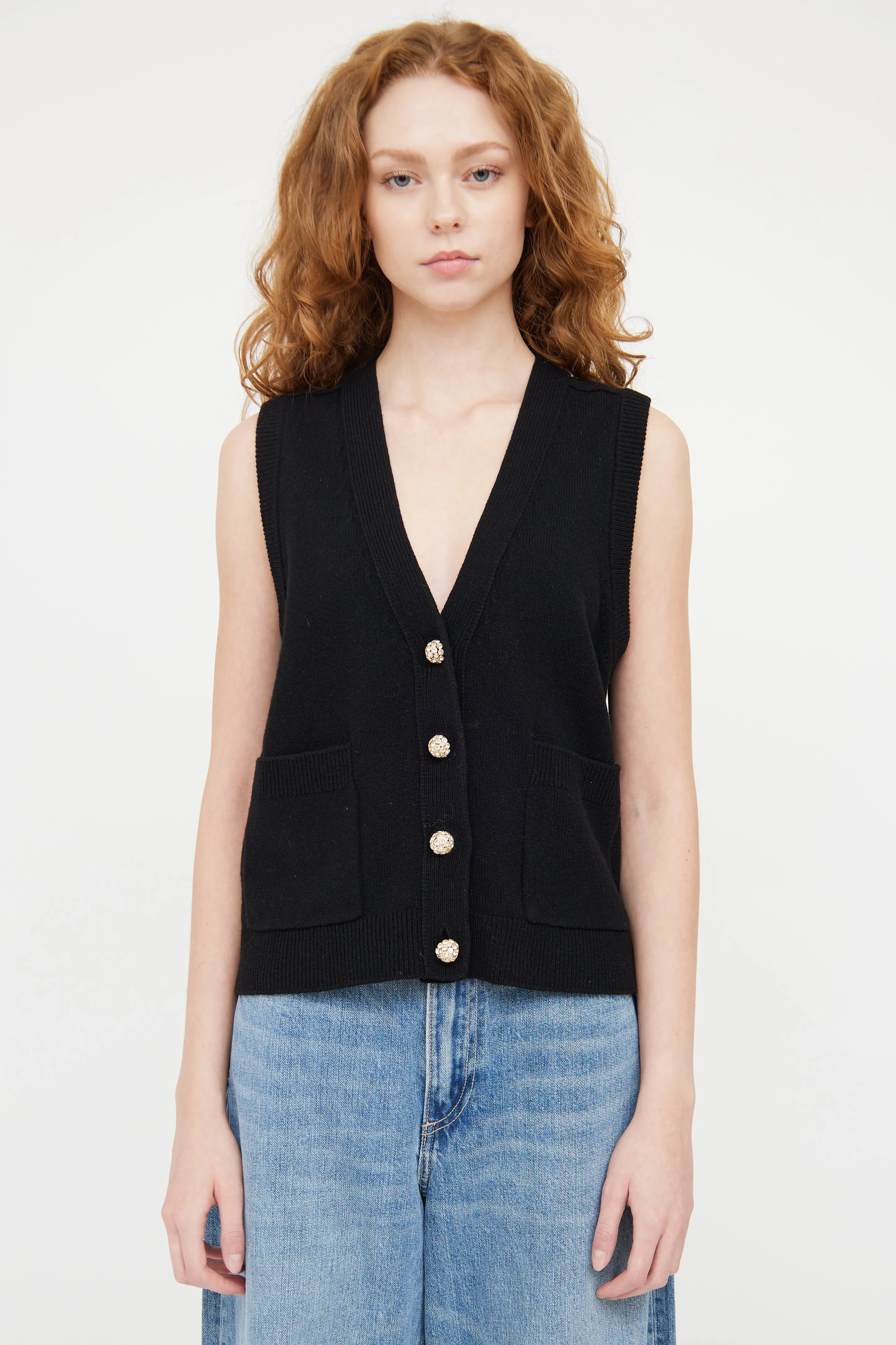 Black Wool Knit Jewel Vest