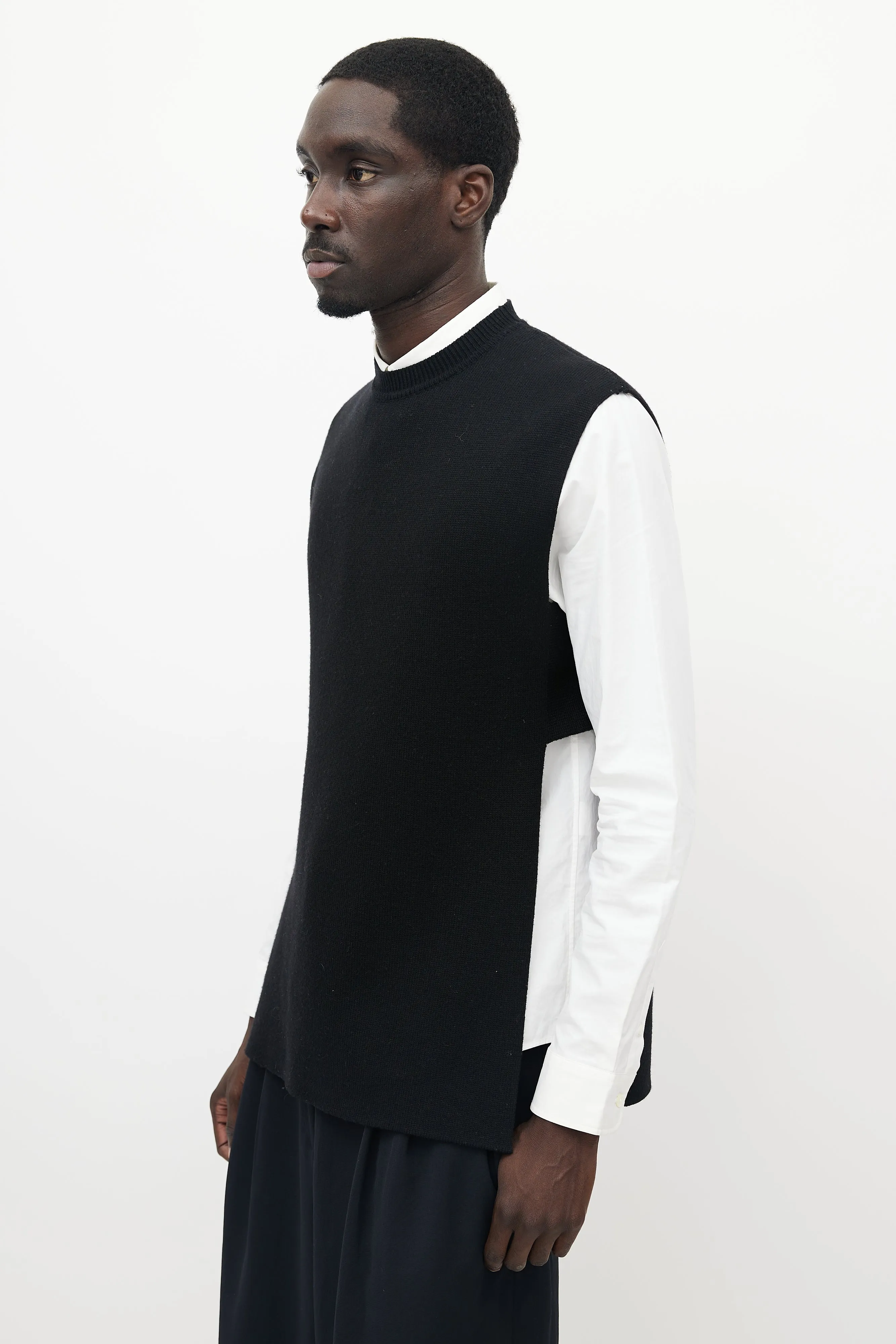 Black Wool Knit Slit Vest