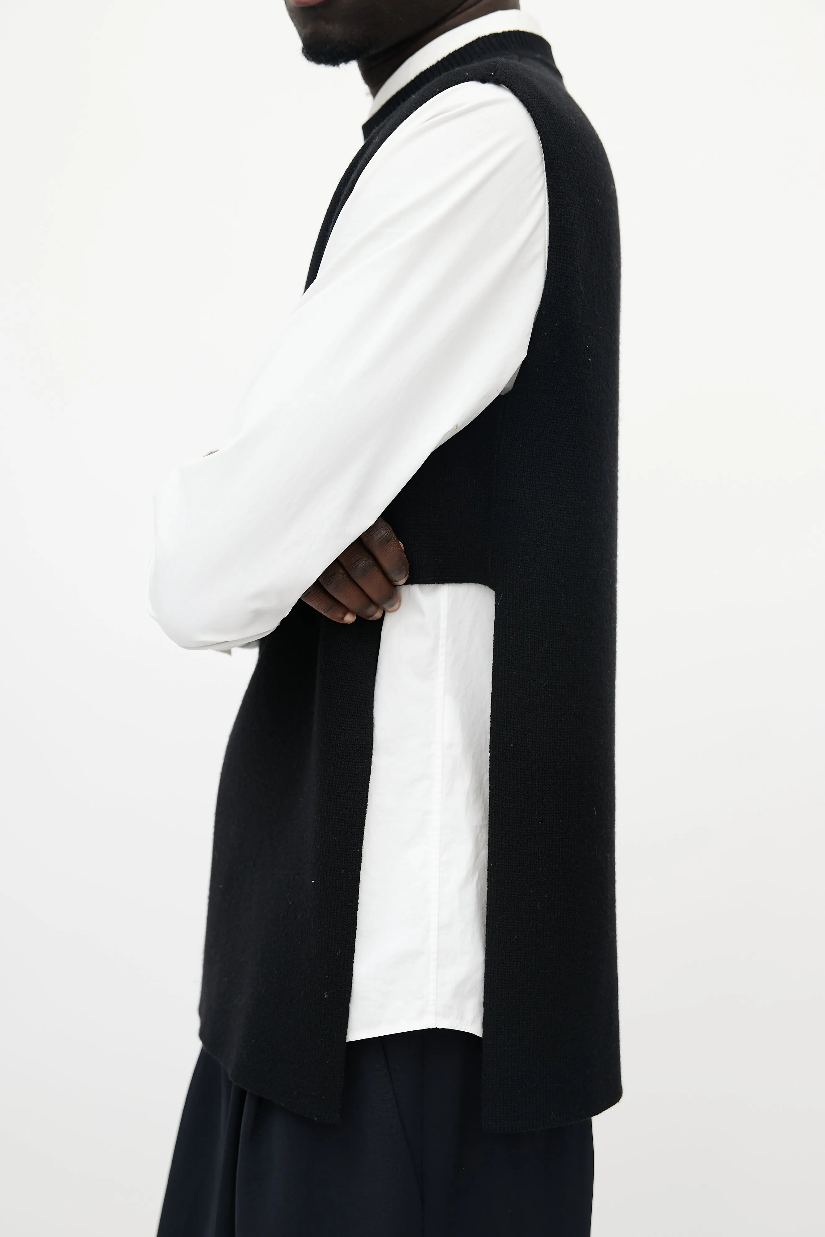 Black Wool Knit Slit Vest