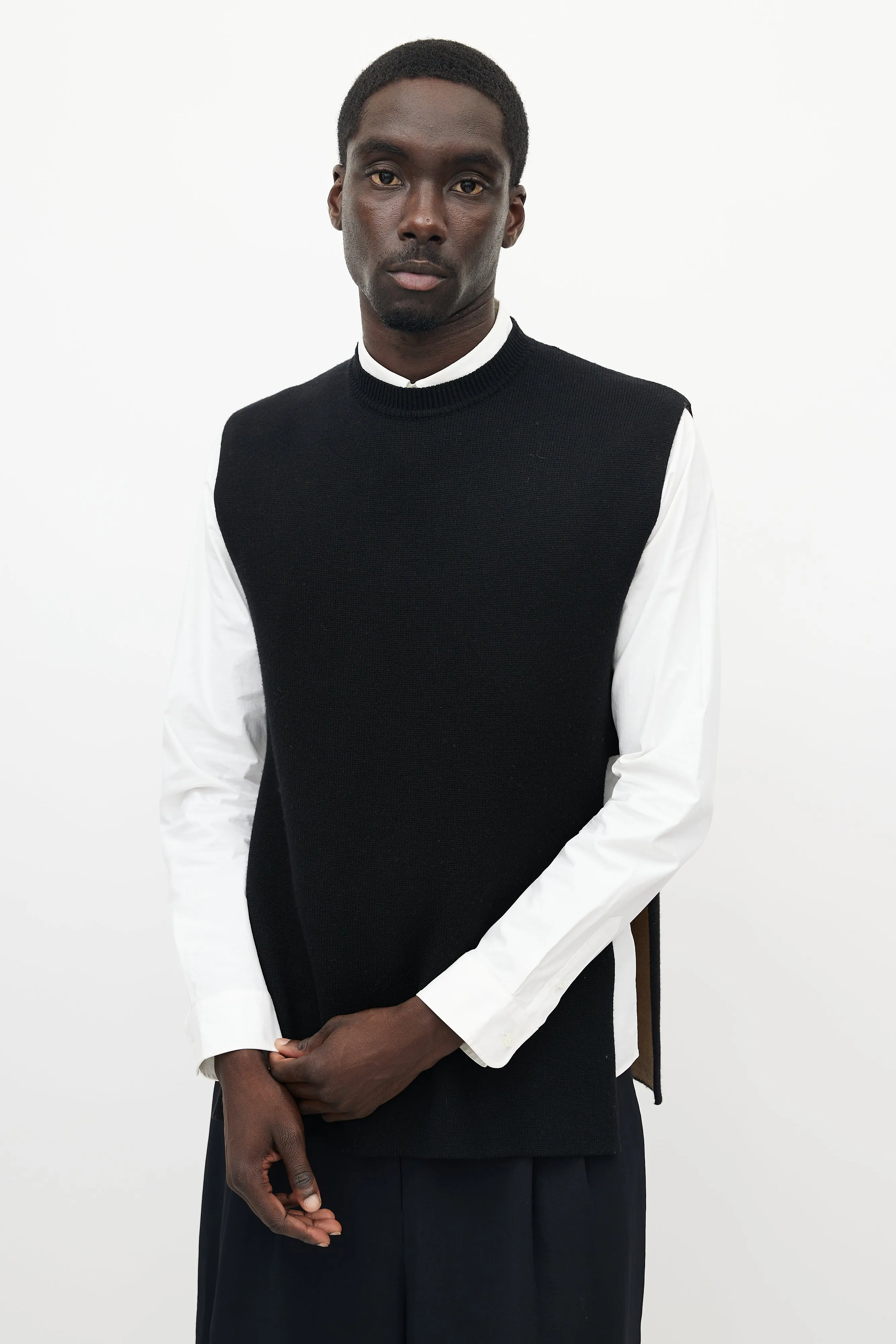 Black Wool Knit Slit Vest