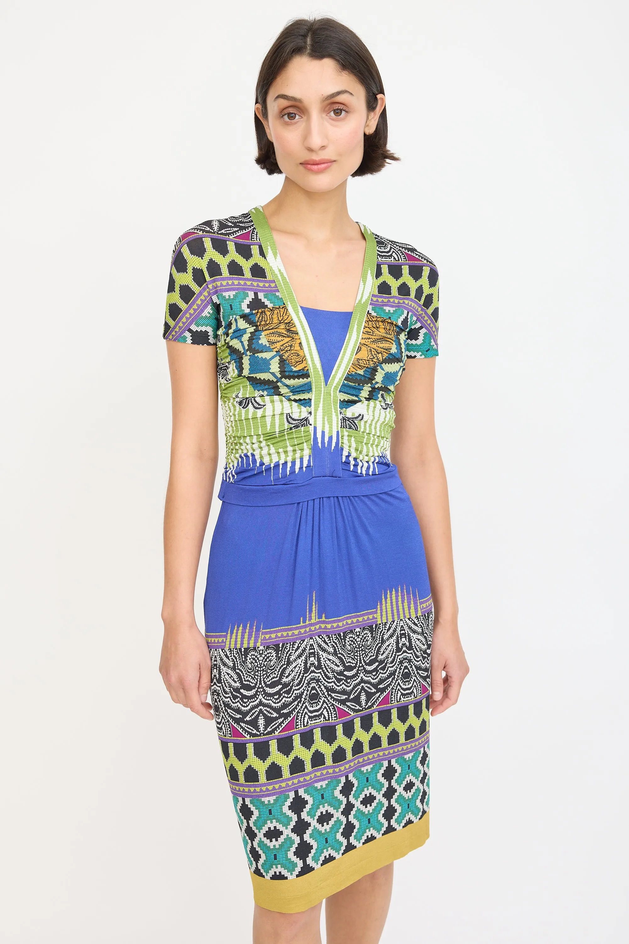 Blue & Multicolour Printed Ruched Midi Dress