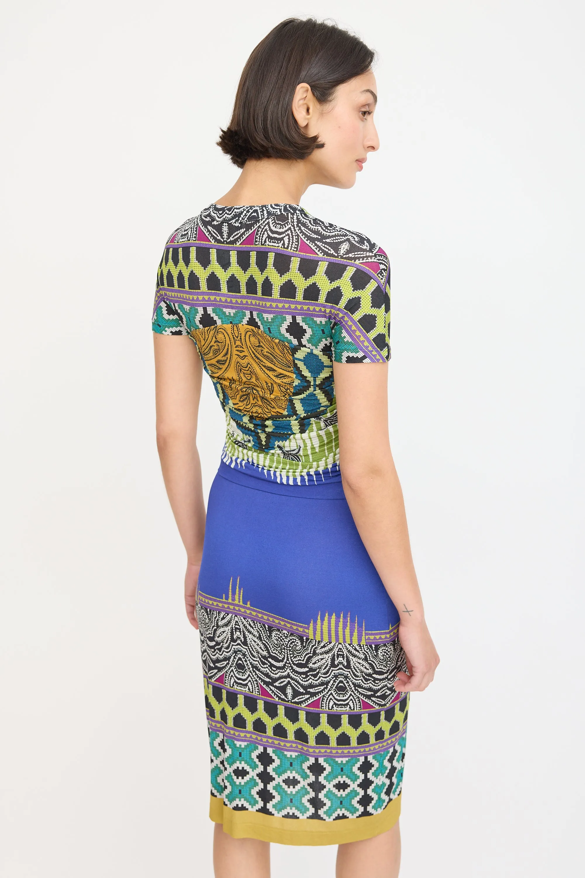 Blue & Multicolour Printed Ruched Midi Dress