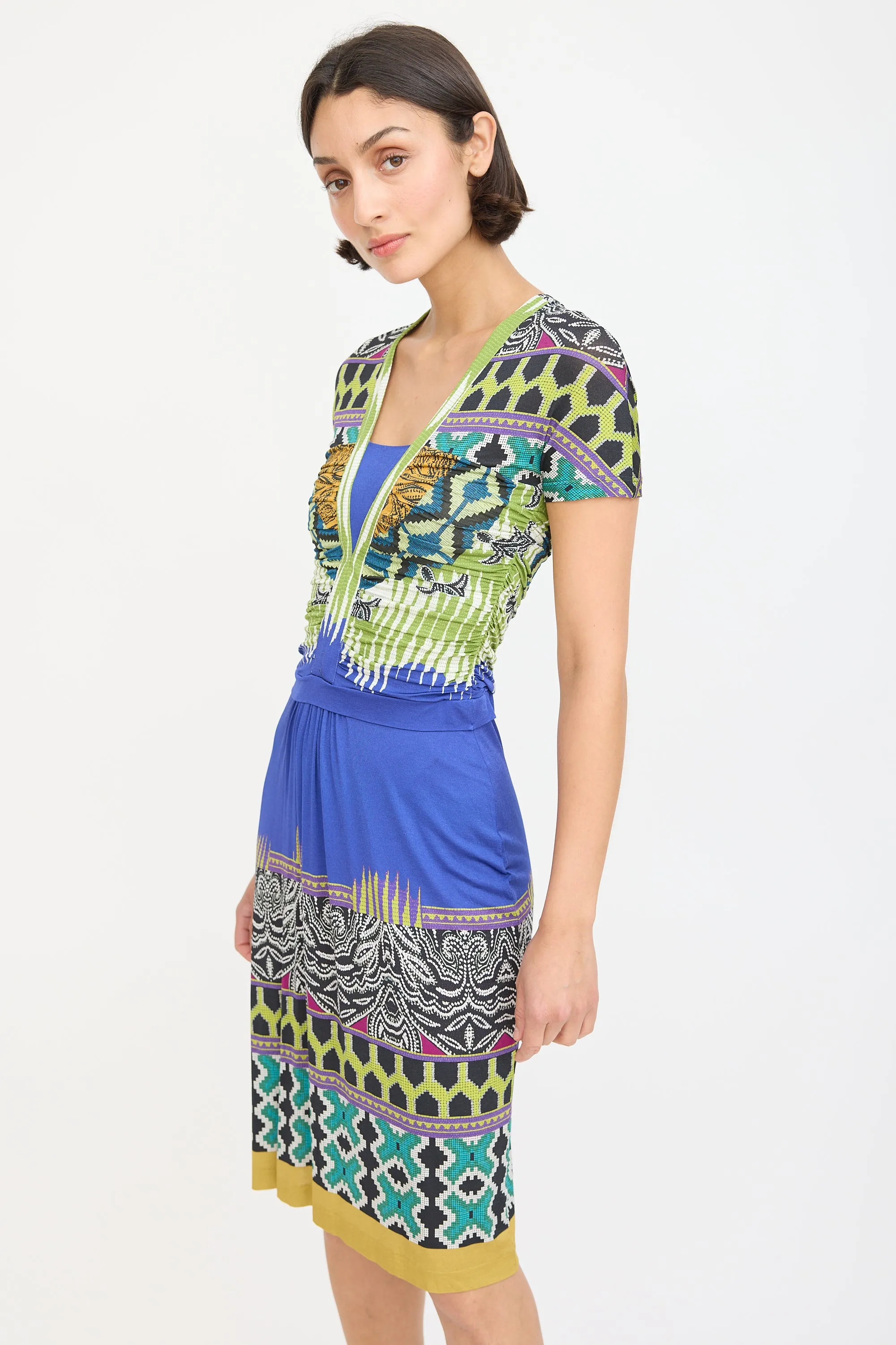 Blue & Multicolour Printed Ruched Midi Dress
