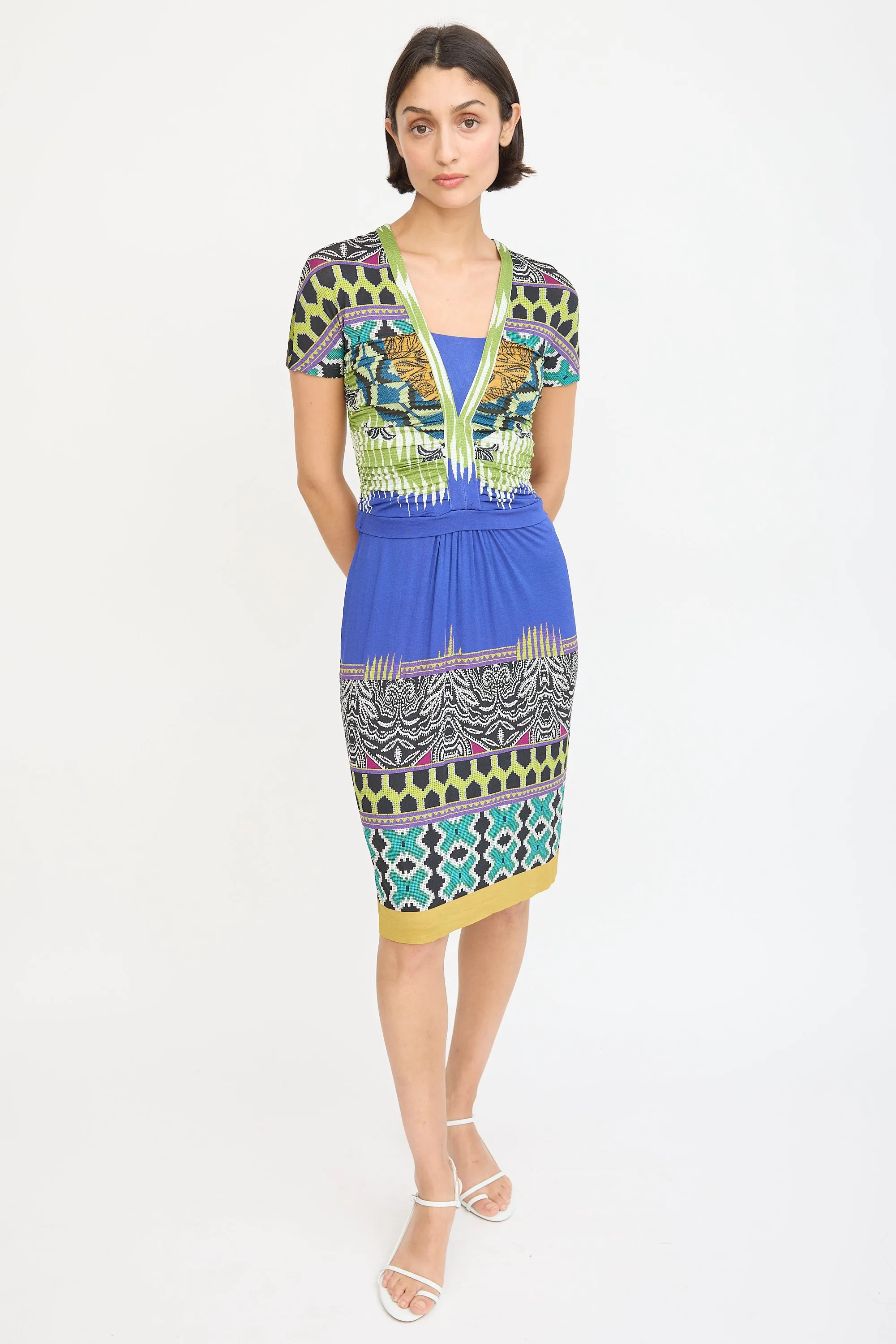 Blue & Multicolour Printed Ruched Midi Dress
