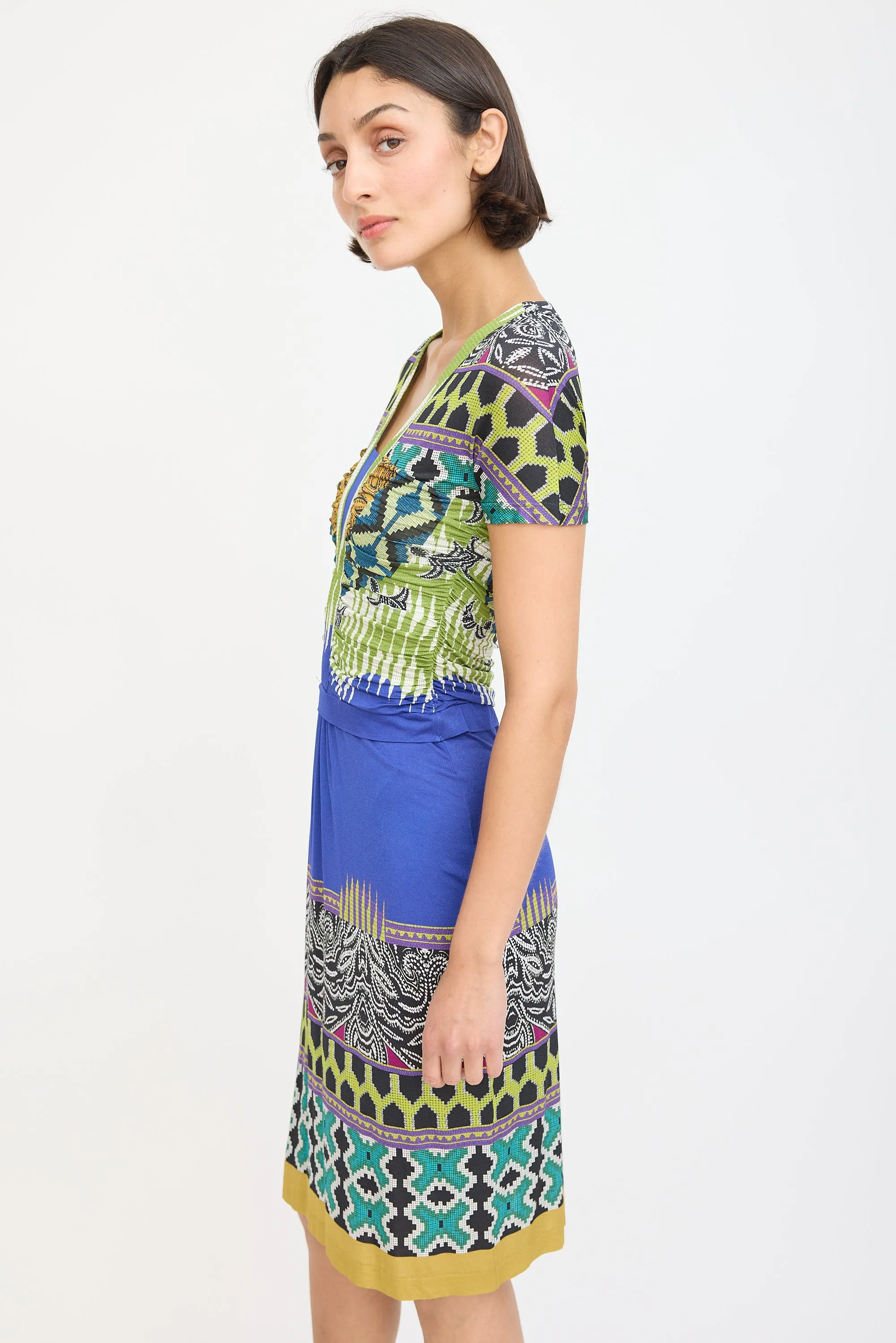 Blue & Multicolour Printed Ruched Midi Dress