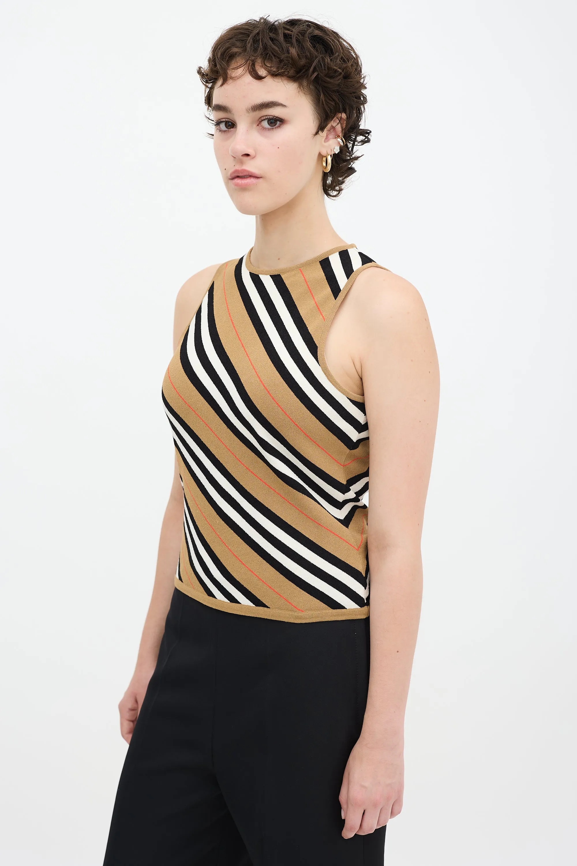 Brown & Multicolour Striped Tank Top