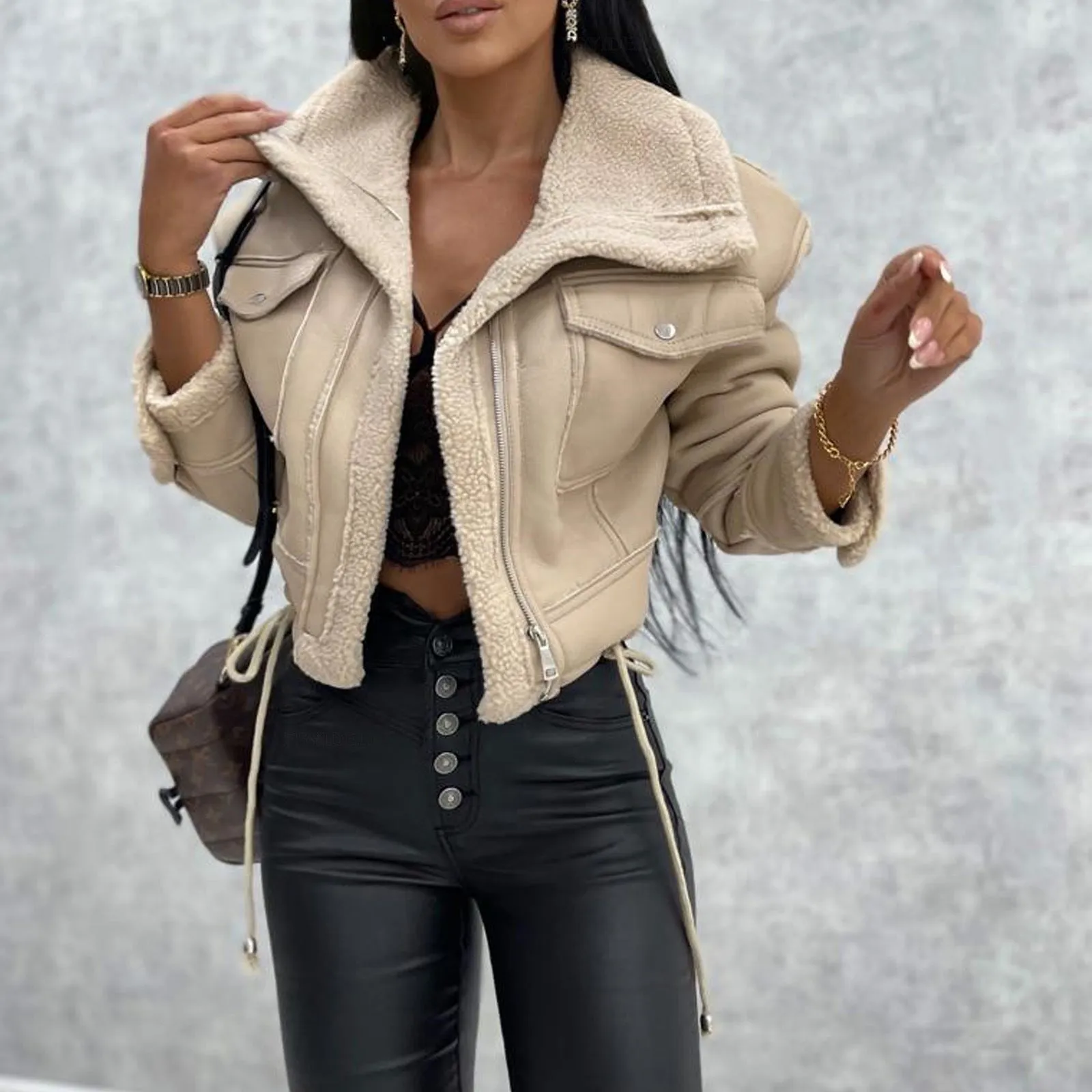 Cropped Faux Leather Plush Jacket