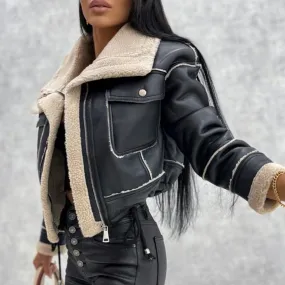 Cropped Faux Leather Plush Jacket