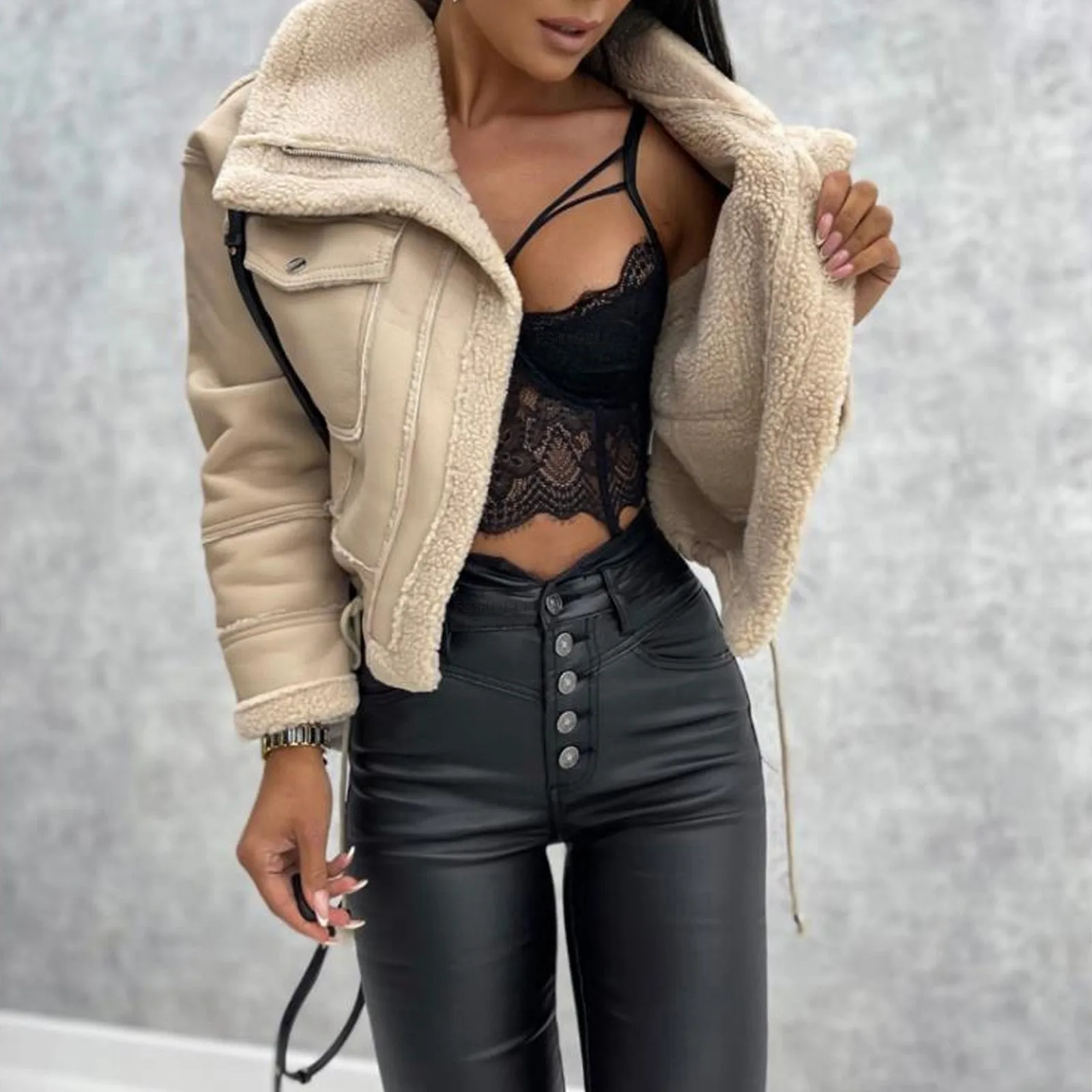 Cropped Faux Leather Plush Jacket