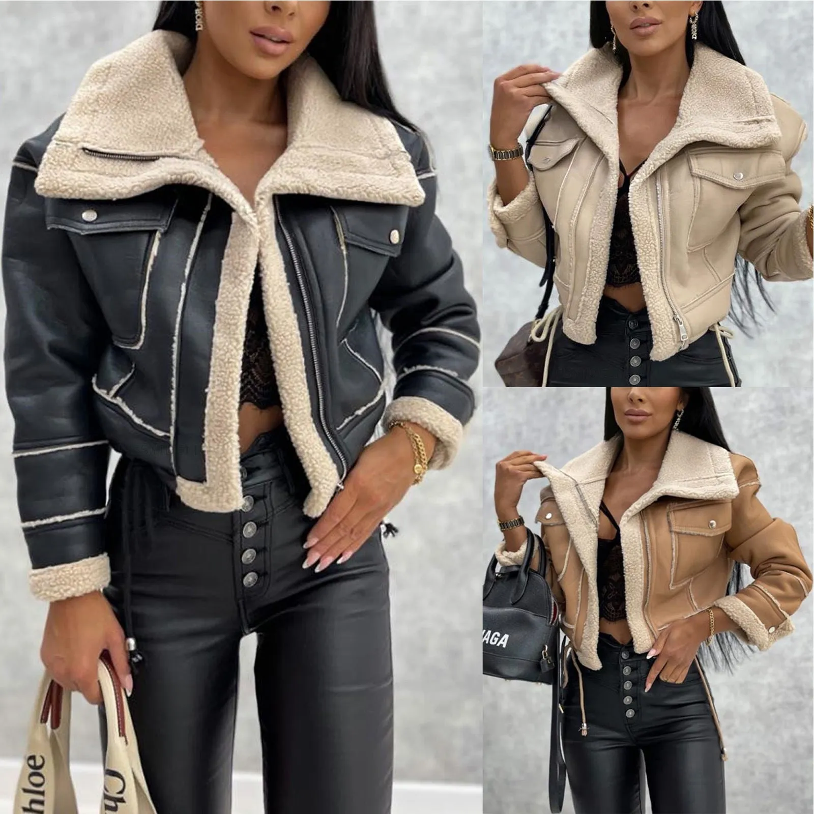 Cropped Faux Leather Plush Jacket