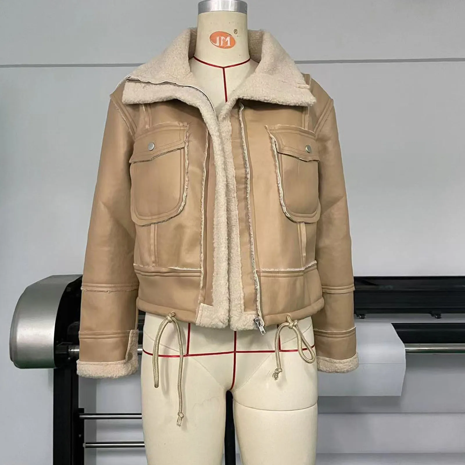Cropped Faux Leather Plush Jacket