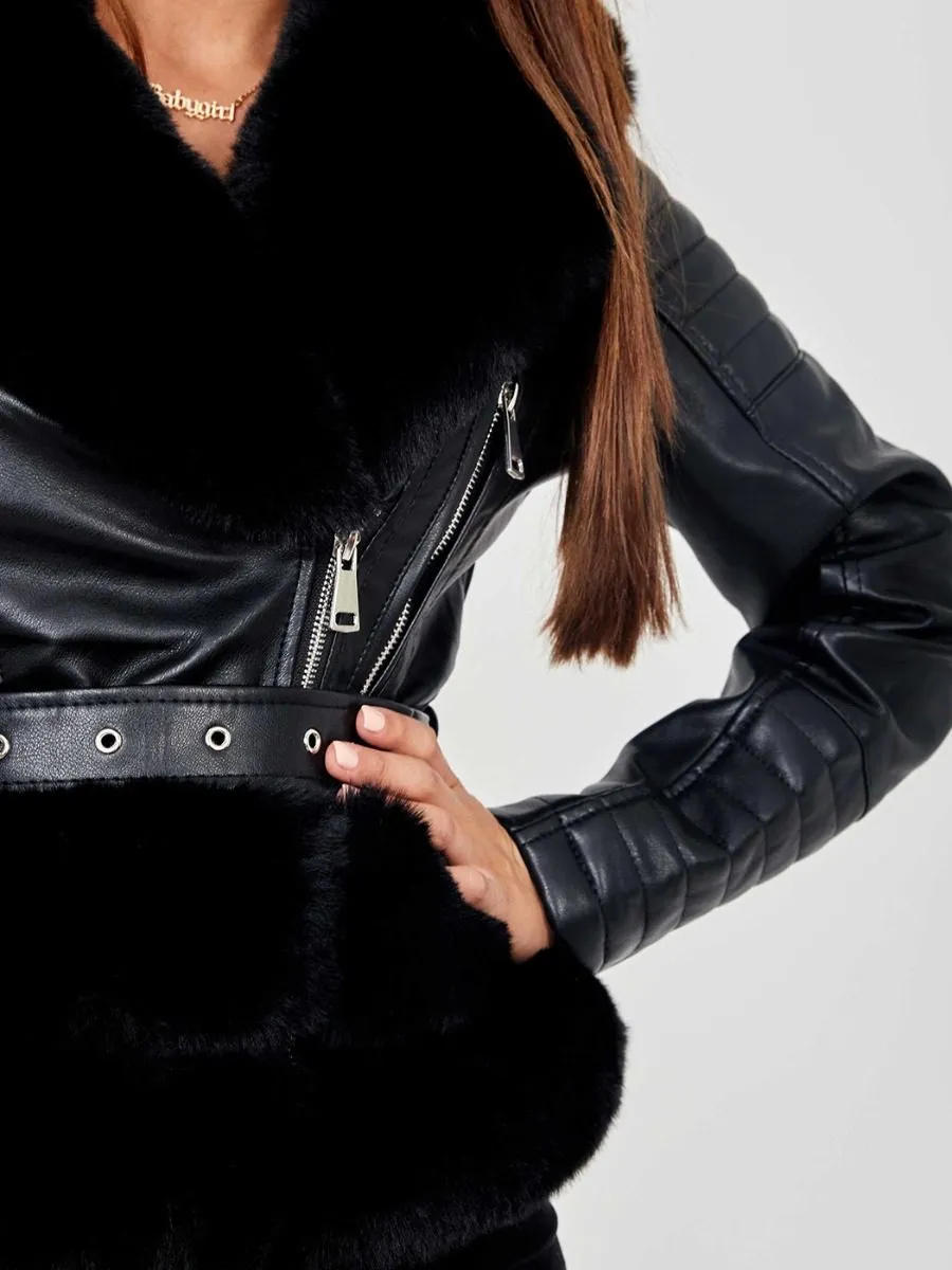 Estella Faux Fur Belted PU Jacket In Black