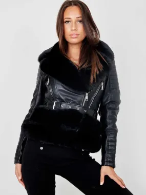 Estella Faux Fur Belted PU Jacket In Black