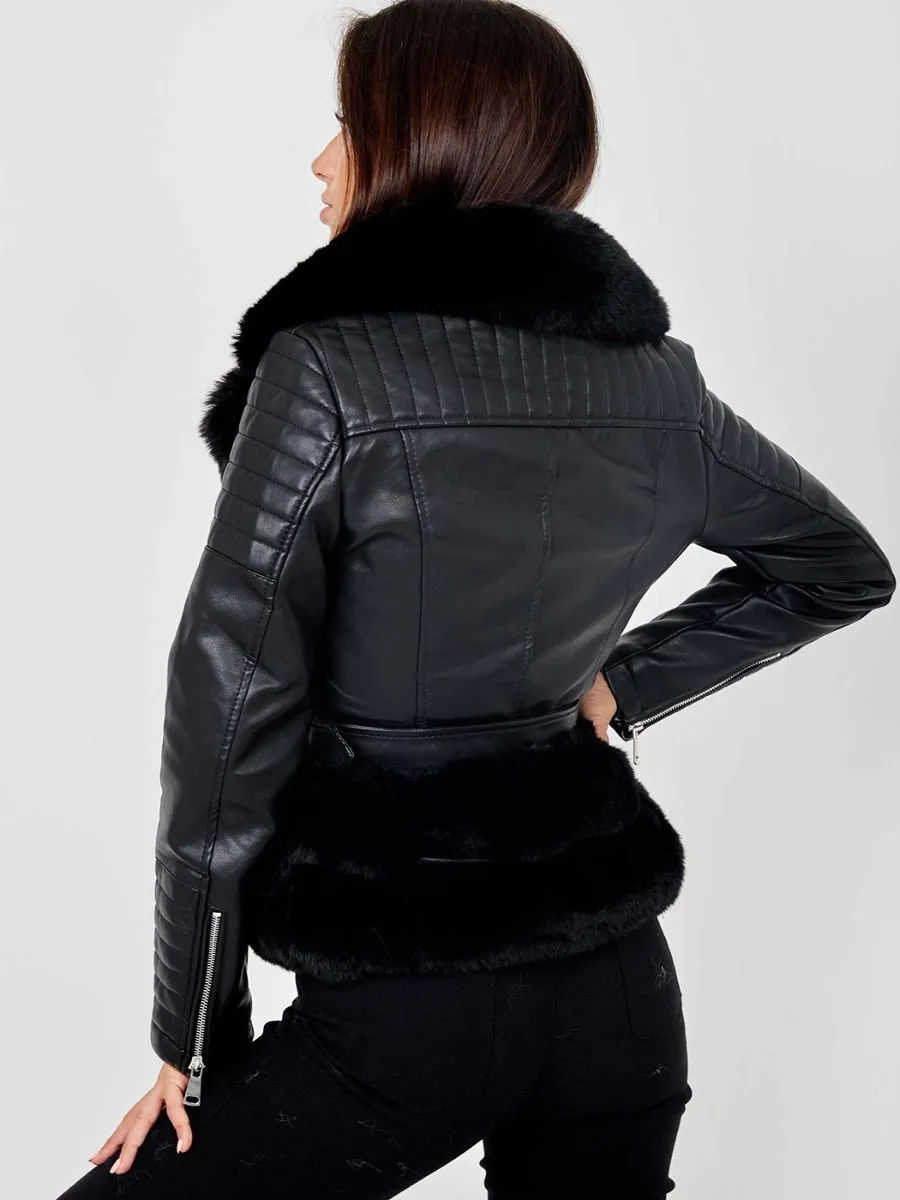 Estella Faux Fur Belted PU Jacket In Black