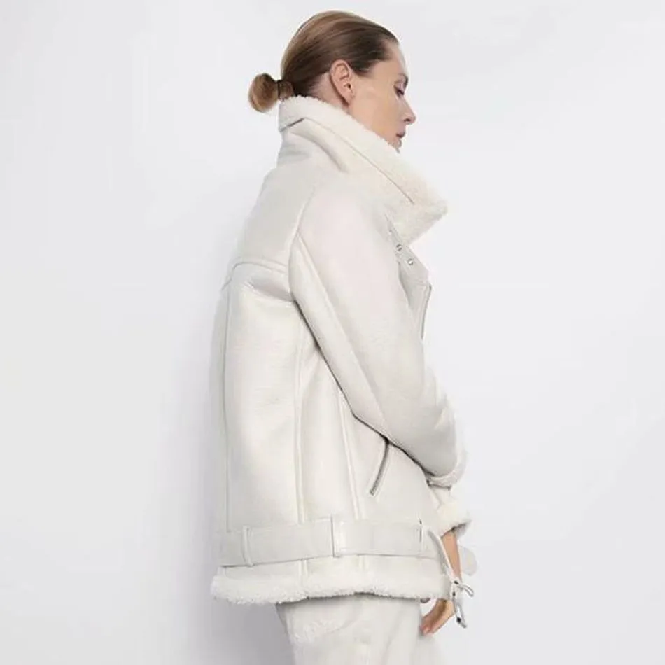 Faux Leather Women's Aviator Belted Jacket Beige/Black