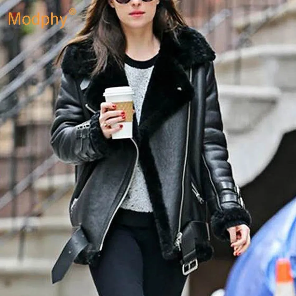 Faux Leather Women's Aviator Belted Jacket Beige/Black