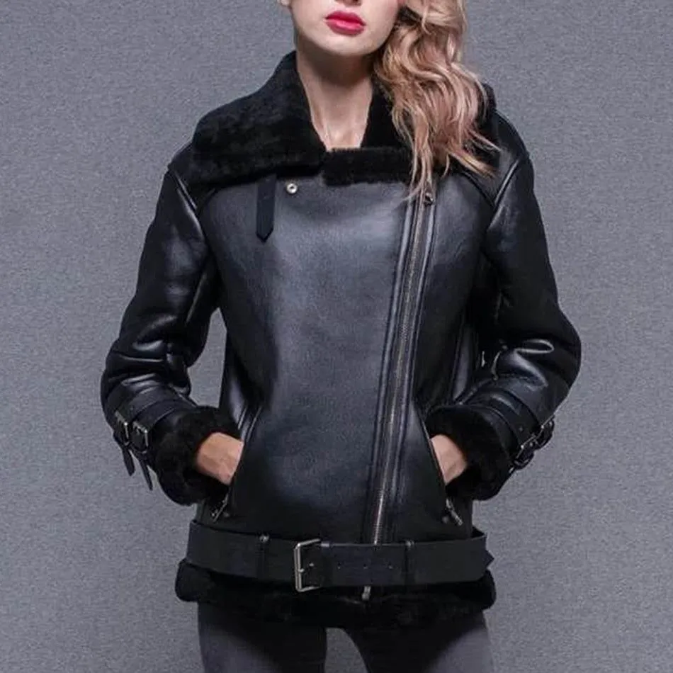 Faux Leather Women's Aviator Belted Jacket Beige/Black