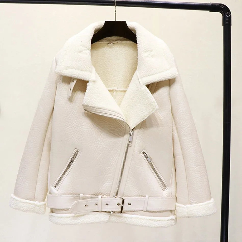 Faux Leather Women's Aviator Belted Jacket Beige/Black