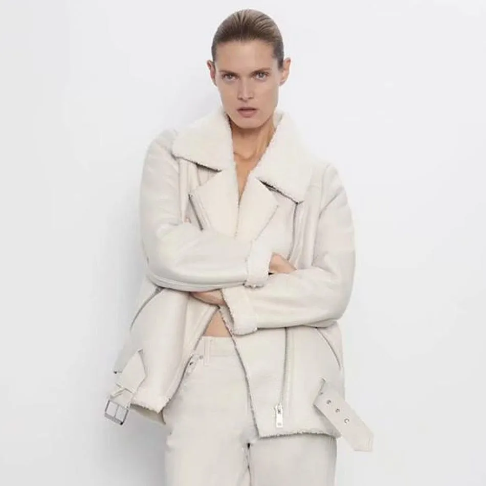 Faux Leather Women's Aviator Belted Jacket Beige/Black