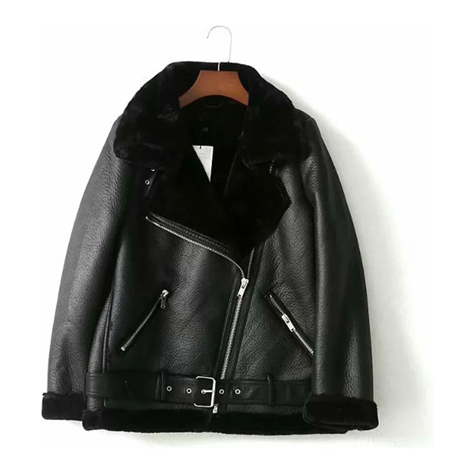 Faux Leather Women's Aviator Belted Jacket Beige/Black